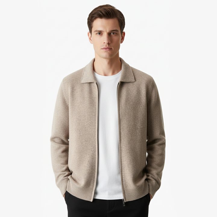 EXTRA-FINE MERINO WOOL ZIP POLO CARDIGAN